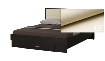 Dormitor Solano, Wenge, Dulap 120 cm, Alb, Pat cu tablie tapitata crem 160×200 cm, 2 noptiere, comoda - imagine 3