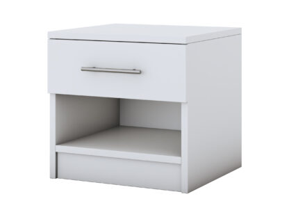 Dormitor Solano, Alb, Dulap 150 cm, Pat cu tablie tapitata gri 140×200 cm, 2 noptiere, comoda - imagine 6