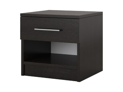Dormitor Solano, Wenge, Dulap 120 cm, Alb, Pat cu tablie tapitata negru 160×200 cm, 2 noptiere, comoda - imagine 6