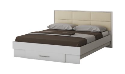 Dormitor Solano, Alb, Dulap 150 cm, Pat cu tablie tapitata crem 160×200 cm, 2 noptiere, comoda - imagine 2