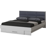 Dormitor Solano, Alb, Dulap 183 cm, Pat cu tablie tapitata gri 160×200 cm, 2 noptiere, comoda - imagine 2