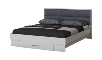 Dormitor Solano, Alb, Dulap 150 cm, Pat cu tablie tapitata gri 140×200 cm, 2 noptiere, comoda - imagine 2