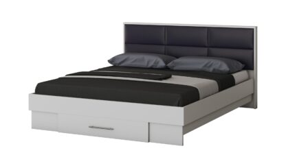 Dormitor Solano, Alb, Dulap 150 cm, Pat cu tablie tapitata negru 160x200 cm, 2 noptiere, comoda - imagine 2