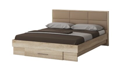 Dormitor Solano, Sonoma, Dulap 150 cm, Pat cu tablie tapitata camel 140×200 cm, 2 noptiere, comoda - imagine 2