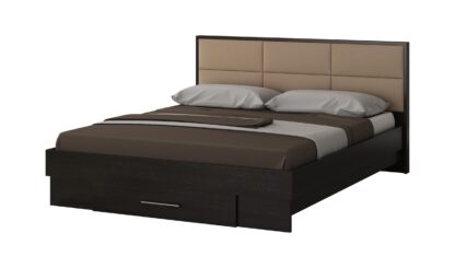 Dormitor Solano, Wenge, Dulap 120 cm, Alb, Pat cu tablie tapitata camel 160×200 cm, 2 noptiere, comoda - imagine 2