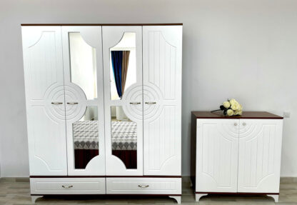 Dormitor Fantasia, alb/nuc,160×200 cm, Dulap 180 cm, Pat 160 x 200 cm, 2 noptiere, comoda - imagine 8