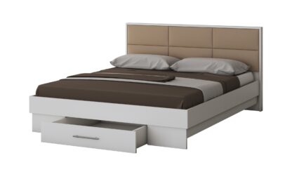 Dormitor Solano, Alb, Dulap 183 cm, Pat cu tablie tapitata camel 160x200 cm, 2 noptiere, comoda - imagine 3