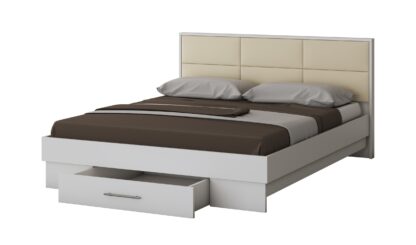 Dormitor Solano, Alb, Dulap 150 cm, Pat cu tablie tapitata crem 160×200 cm, 2 noptiere, comoda - imagine 4