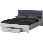 Dormitor Solano, Alb, Dulap 183 cm, Pat cu tablie tapitata gri 160×200 cm, 2 noptiere, comoda - imagine 5