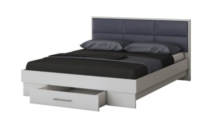 Dormitor Solano, Alb, Dulap 150 cm, Pat cu tablie tapitata gri 140×200 cm, 2 noptiere, comoda - imagine 4