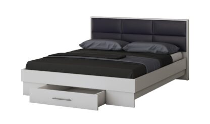 Dormitor Solano, Alb, Dulap 150 cm, Pat cu tablie tapitata negru 160x200 cm, 2 noptiere, comoda - imagine 5