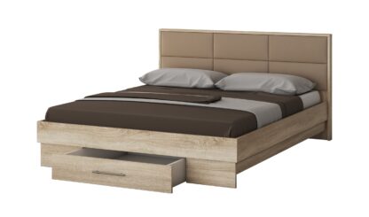 Dormitor Solano, Sonoma, Dulap 150 cm, Pat cu tablie tapitata camel 140×200 cm, 2 noptiere, comoda - imagine 4
