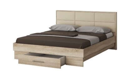 Dormitor Solano, Sonoma, Dulap 120 cm, Pat cu tablie tapitata crem 160×200 cm, 2 noptiere, comoda - imagine 5