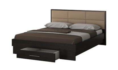 Dormitor Solano, Wenge, Dulap 120 cm, Alb, Pat cu tablie tapitata camel 160×200 cm, 2 noptiere, comoda - imagine 5
