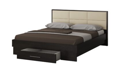 Dormitor Solano, Wenge, Dulap 120 cm, Alb, Pat cu tablie tapitata crem 160×200 cm, 2 noptiere, comoda - imagine 4