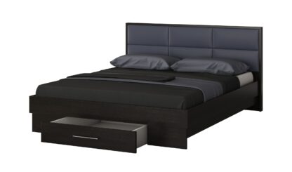 Dormitor Solano, Wenge, Dulap 120 cm, Alb, Pat cu tablie tapitata gri 140×200 cm, 2 noptiere, comoda - imagine 4