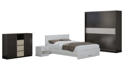 Set Dormitor Dome 1-20, Wenge/Alb, Dulap 200 cm, Pat 160×200 cm, 2 noptiere, comoda