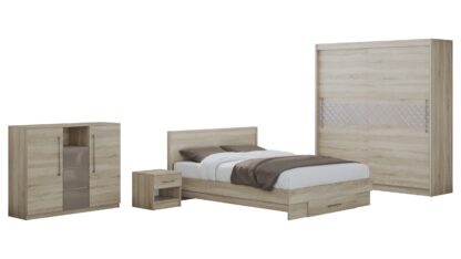 Set Dormitor Dome 3-20, Sonoma, Dulap 200 cm, Pat 160×200 cm, 2 noptiere, comoda