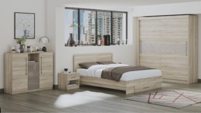 Set Dormitor Dome 3-20, Sonoma, Dulap 200 cm, Pat 160×200 cm, 2 noptiere, comoda - imagine 2