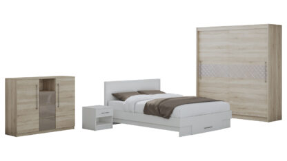 Set Dormitor Dome 3-20, Sonoma/Alb, Dulap 200 cm, Pat 160×200 cm, 2 noptiere, comoda