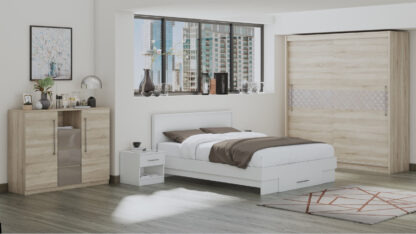 Set Dormitor Dome 3-20, Sonoma/Alb, Dulap 200 cm, Pat 160×200 cm, 2 noptiere, comoda - imagine 2