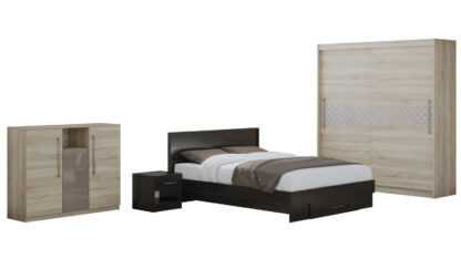Set Dormitor Dome 3-20, Sonoma/Wenge, Dulap 200 cm, Pat 160×200 cm, 2 noptiere, comoda