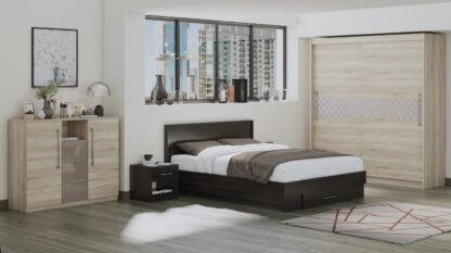 Set Dormitor Dome 3-20, Sonoma/Wenge, Dulap 200 cm, Pat 160×200 cm, 2 noptiere, comoda - imagine 4