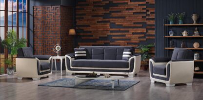 Set canapea extensibila cu 3 locuri si 2 fotolii semi extensibile Sophia, culoare crem/turcoaz (Neon R2), material stofa + piele ecologica