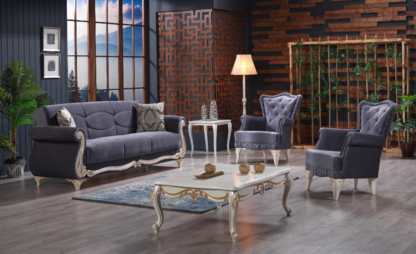 Set canapea extensibila cu 3 locuri si 2 fotolii Victoria, culoare gri, material stofa