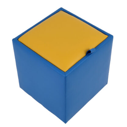 Taburet Box, albastru-galben, imitatie piele, 41x37x37 cm