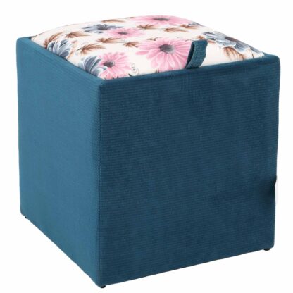 Taburet Box, corp turcoaz, capac floral, stofa, 41x37x37 cm - imagine 3