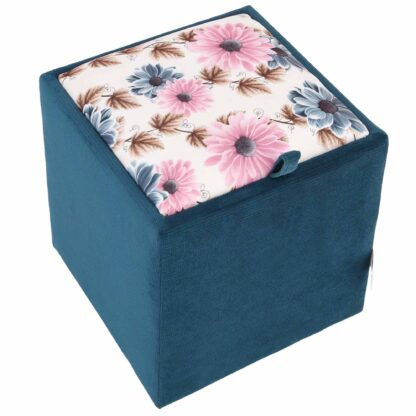 Taburet Box, corp turcoaz, capac floral, stofa, 41x37x37 cm