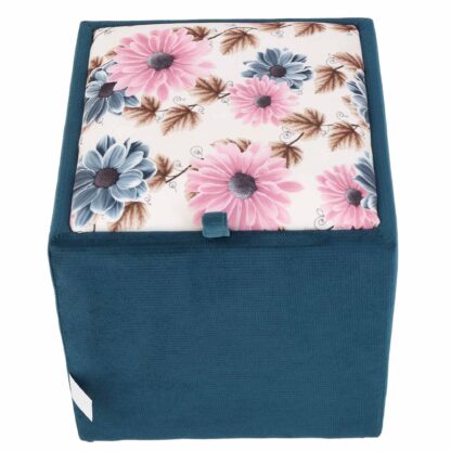 Taburet Box, corp turcoaz, capac floral, stofa, 41x37x37 cm - imagine 7
