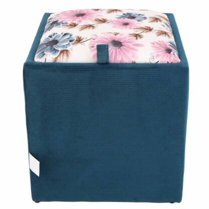 Taburet Box, corp turcoaz, capac floral, stofa, 41x37x37 cm - imagine 6