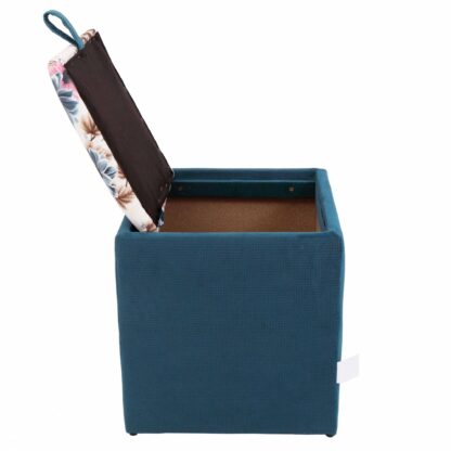 Taburet Box, corp turcoaz, capac floral, stofa, 41x37x37 cm - imagine 5