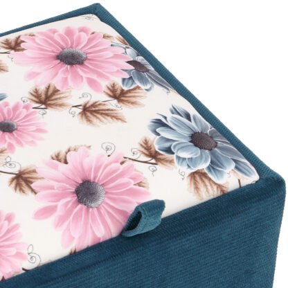 Taburet Box, corp turcoaz, capac floral, stofa, 41x37x37 cm - imagine 4