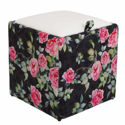 Taburet Box Print, corp tapitat Trandafiri fond negru, capac imitatie piele alb, 41x37x37 cm
