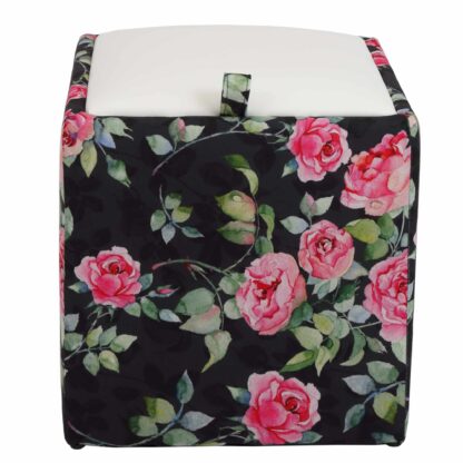 Taburet Box Print, corp tapitat Trandafiri fond negru, capac imitatie piele alb, 41x37x37 cm - imagine 2