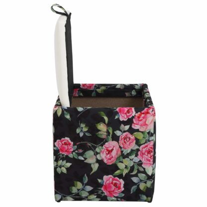 Taburet Box Print, corp tapitat Trandafiri fond negru, capac imitatie piele alb, 41x37x37 cm - imagine 3