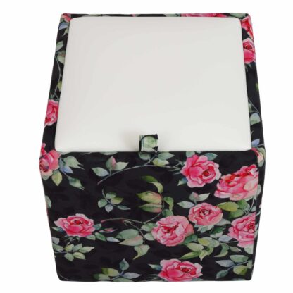 Taburet Box Print, corp tapitat Trandafiri fond negru, capac imitatie piele alb, 41x37x37 cm - imagine 5