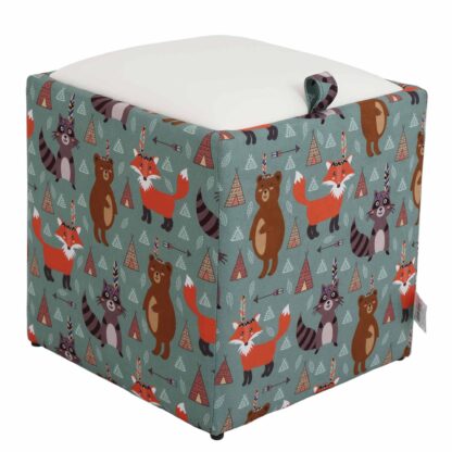 Taburet Box Print, corp tapitat Animale indiene, capac imitatie piele alb, 41x37x37 cm
