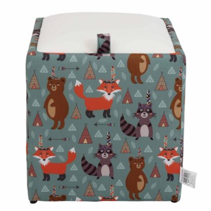 Taburet Box Print, corp tapitat Animale indiene, capac imitatie piele alb, 41x37x37 cm - imagine 2
