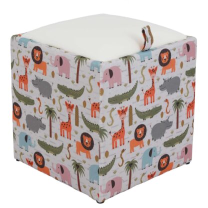 Taburet Box Print, corp tapitat Animale safari, capac imitatie piele alb, 41x37x37 cm