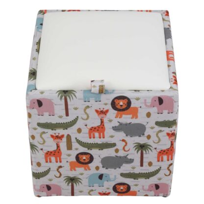 Taburet Box Print, corp tapitat Animale safari, capac imitatie piele alb, 41x37x37 cm - imagine 4