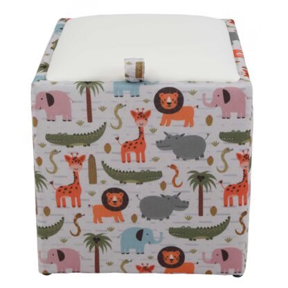 Taburet Box Print, corp tapitat Animale safari, capac imitatie piele alb, 41x37x37 cm - imagine 5