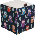 Taburet Box Print, corp tapitat Bufnite, capac imitatie piele alb, 41x37x37 cm