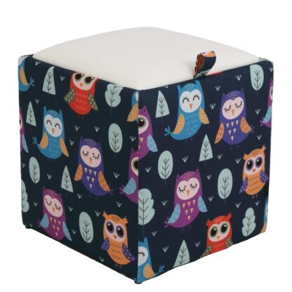 Taburet Box Print, corp tapitat Bufnite, capac imitatie piele alb, 41x37x37 cm