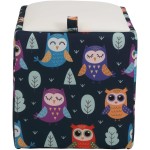 Taburet Box Print, corp tapitat Bufnite, capac imitatie piele alb, 41x37x37 cm - imagine 2