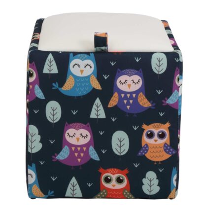 Taburet Box Print, corp tapitat Bufnite, capac imitatie piele alb, 41x37x37 cm - imagine 2