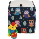 Taburet Box Print, corp tapitat Bufnite, capac imitatie piele alb, 41x37x37 cm - imagine 3